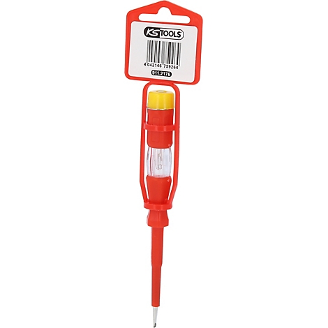 Ein roter Spannungsprüfer, mit gelbem Kopf und transparentem Gehäuse. Über dem Griff befindet sich ein rotes Plastikteil mit einem Etikett.